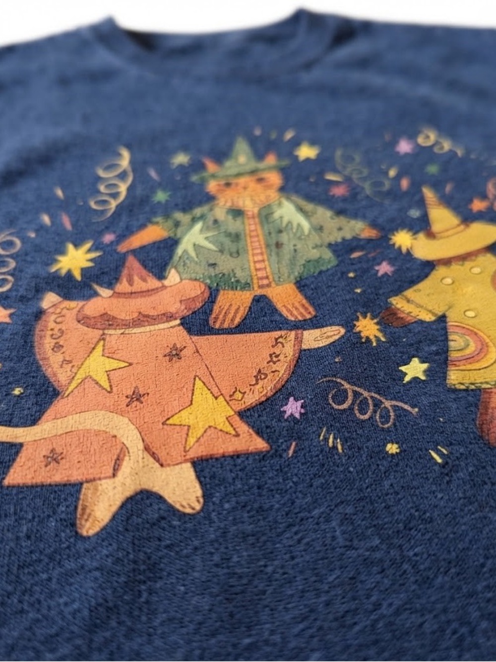 Gildan Navy Blue Short Sleeve Tee with Orange & Yellow Cat Party Graphic - Picture 2 of 2